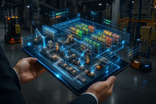 Smart warehouse digital twin technology being used by executive with interactive hologram screen