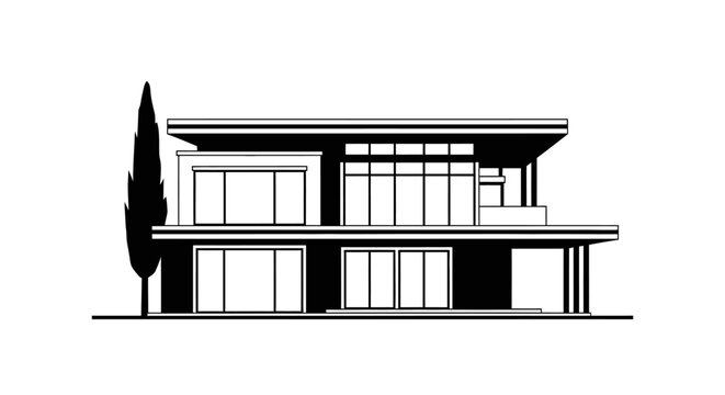 modern two story house with large windows and a cypress tree black and white silhouette high quality professional detailed elegant stylish clean crisp vibrant