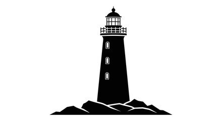 Black silhouette of a lighthouse on rocky coast against a white background silhouette high quality professional detailed modern elegant stylish clean crisp vibrant colorful © Lsg 21