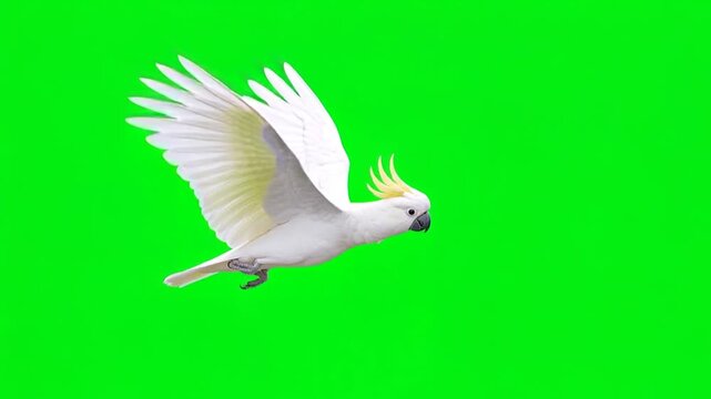 Beautiful White Cockatoo Parrot Flying Gracefully Across Frame from Left to Right on Green Screen Background Chroma Key Asset
