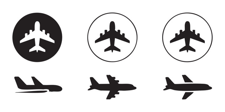 Set of aircraft icon in various styles, including side view, top view, and in circles.