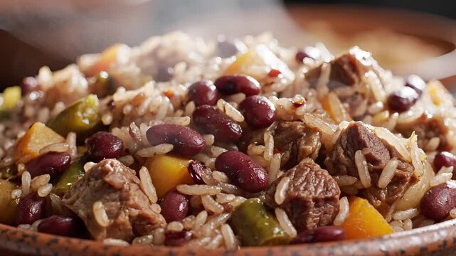 Delicious Jamaican Rice and Peas with Stewed Chicken Closeup.