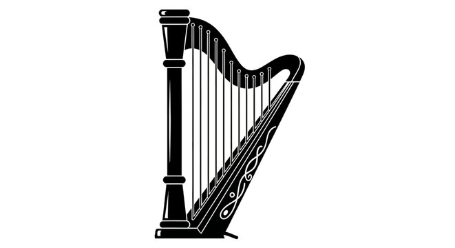 Elegant black harp silhouette against a white background detailed musical instrument outline silhouette high quality professional modern elegant stylish clean crisp vibrant colorful digital