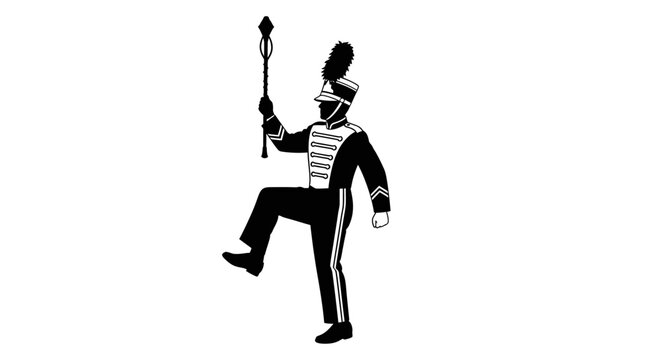marching band drum major in uniform with baton black and white silhouette high quality professional detailed modern elegant stylish clean crisp vibrant colorful digital
