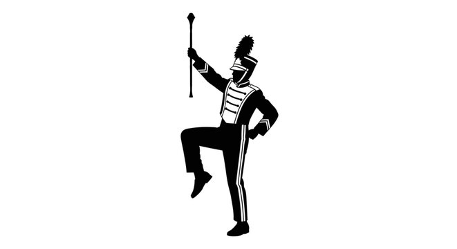 Silhouette of a marching band drum major in uniform holding a mace against a white background silhouette high quality professional detailed modern elegant stylish