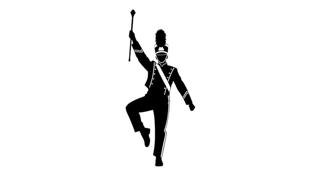 Silhouette of a marching band drum major with baton black and white isolated on a white background silhouette high quality professional detailed modern elegant