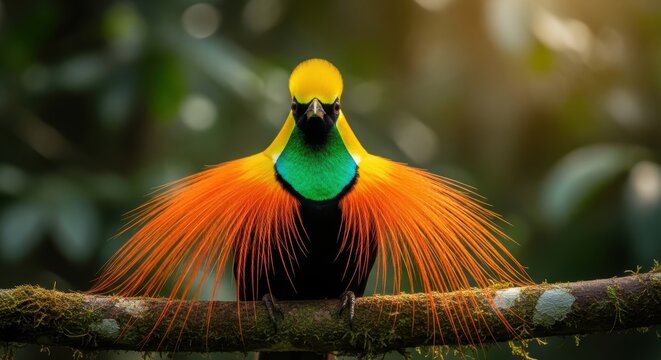 Greater bird of paradise (Paradisaea apoda), frontal portrait on branch showing spectacular orange ornamental plumage, yellow head and vibrant green throat