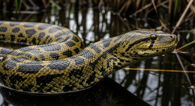 Green anaconda (Eunectes murinus), close up of the snake semi-submerged in murky water among swamp vegetation, exotic reptile in its natural habitat