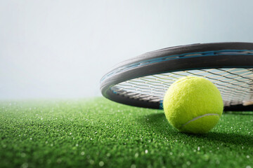 Obraz premium Tennis ball and racket close up on green grass court
