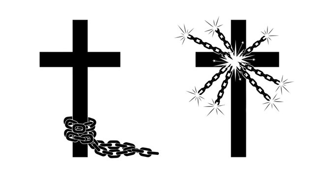 Two black silhouettes of a christian cross one with broken chains and starburst effects on a white background silhouette high quality professional detailed modern