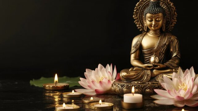 Zen meditation scene with Buddha statue, pink lotus blooms, flickering tea lights, spiritual ambiance, mindfulness retreat, sacred space.