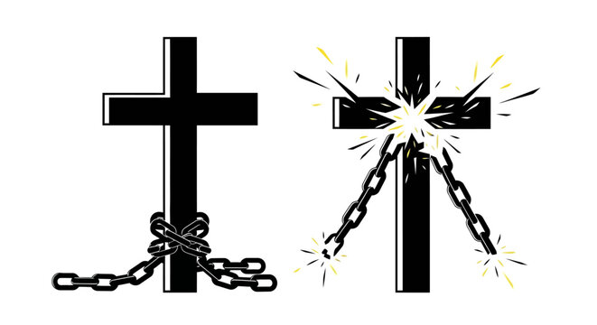 Two black christian crosses with chains one bound and one broken isolated on a white background silhouette high quality professional detailed modern elegant stylish