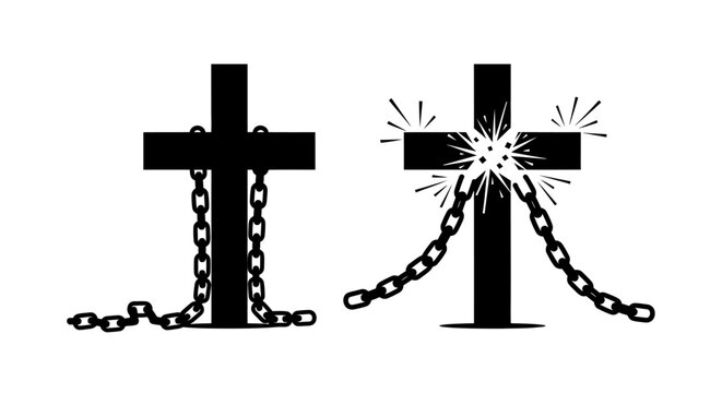 Two black silhouette crosses with chains one breaking free with sparks on a white background silhouette high quality professional detailed modern elegant stylish clean