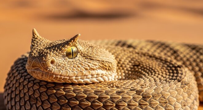 Saharan horned viper (Cerastes cerastes), close-up frontal portrait of a coiled snake on desert sand showing prominent horns and detailed scales texture