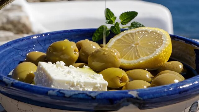 Delicious Mediterranean Olives with Feta Cheese and Lemon Drizzled with Olive Oil.