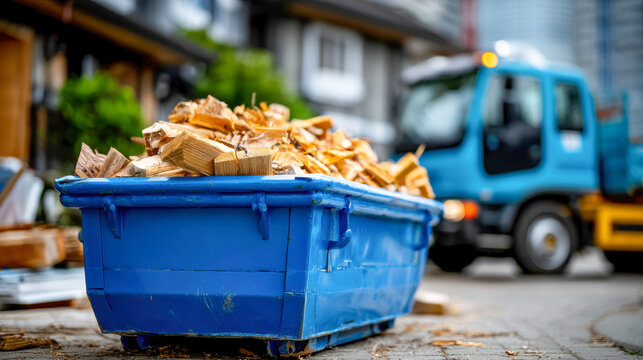 Blue dumpster filled with wood debris near a truck on a residential street, showing construction waste removal and cleanup service
