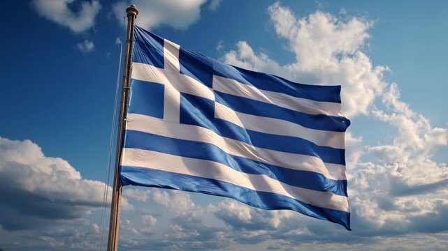 greece greek flag waving in blue sky