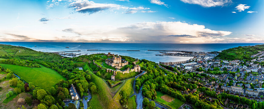 Dover Castle from a drone, White Cliffs, Dover, Kent, England