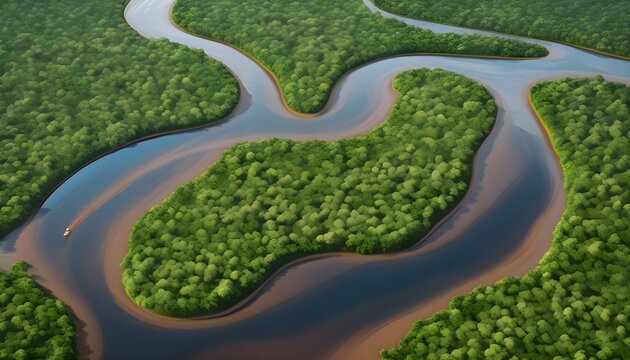 Photorealistic abstract  of Amazon oxbow lake curve, jungle green and brown river, representing creative design, digital art, and visual aesthetics