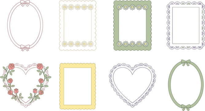 Cute vintage lace borders and romantic heart frames set with floral rose wreath elements for greeting card vector