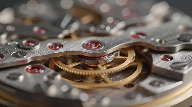 Macro shot of intricate watch movement gears and ruby bearings.