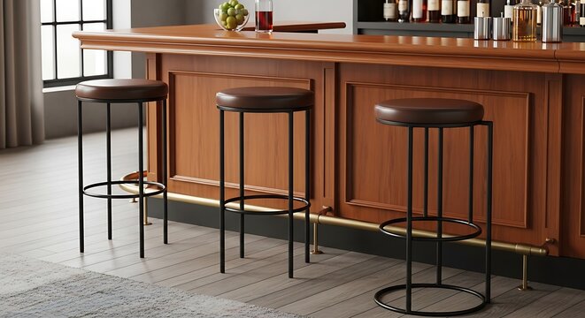 Elegant Wooden Bar Counter with Black Stools in Modern Lounge Interior