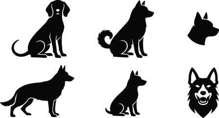 Dog Silhouette Set with Sitting Standing and Face Pose Black Vector Collection for Pet Animal and Canine Design © Halima