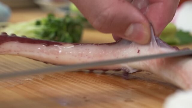 Close-up shot of a skilled chef's hands using a sharp Japanese knife to thinly slice a boiled red octopus (Tako) tentacle on a wooden cutting board. The footage captures the precise diagonal cutting t