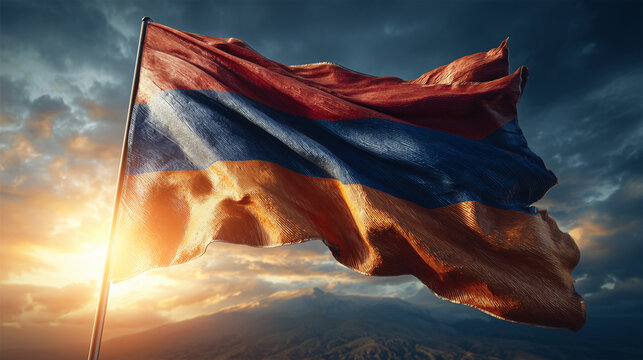 armenia armenian flag waving in sunset sky