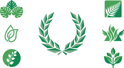 Green leaf logo icon set with laurel wreath monstera foliage fern plant elements for eco business identity © Halima