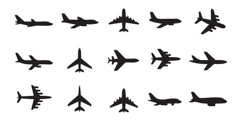 Various airplane silhouettes in profile and top view showing multiple flight angles and jet models. © Mohammad