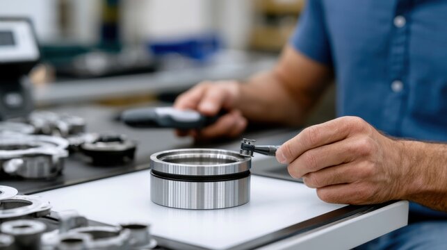 Technician measuring precision automotive component with caliper in workshop, surrounded by various mechanical parts and tools on a workbench
