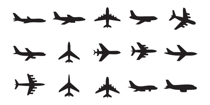 Various airplane silhouettes in profile and top view showing multiple flight angles and jet models.