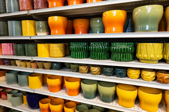 Selective focus display of rows of colourful ceramic flowerpots on store shelves in different sizes and styles
