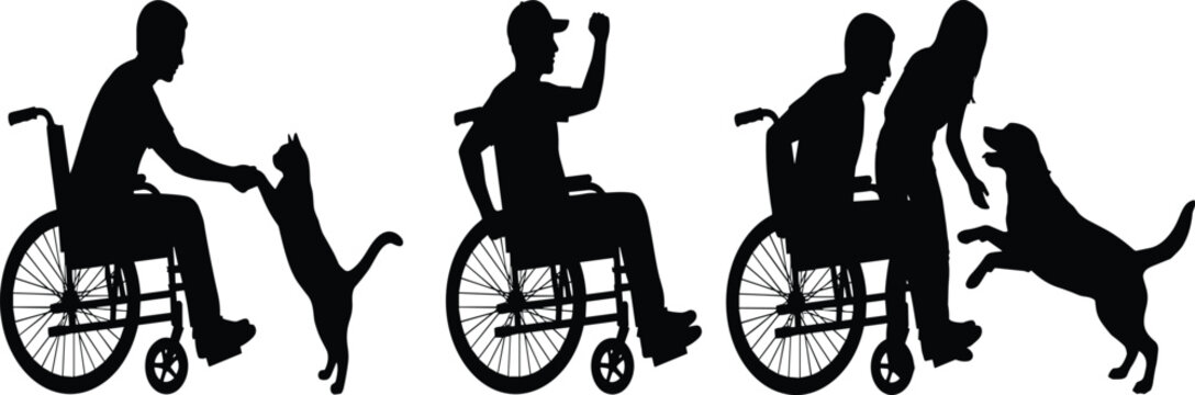 Wheelchair User with Pet Dog and Cat Silhouette Set Black Vector Collection for Disability Accessibility and Animal Companionship Design