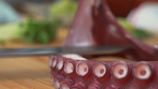 High-angle macro view of fresh, boiled octopus tentacles showcasing the intricate texture of red suckers. This close-up highlights the culinary detail of a giant octopus leg, often prepared for Japane
