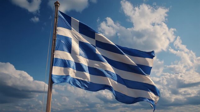 greece greek flag waving in blue sky