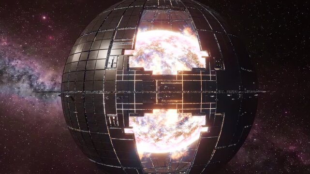 A complex metallic megastructure cage resembling a fully enclosed Dyson sphere floating in outer space. This high-tech 3D rendered scifi asset features intricate geometric grid patterns with a distant