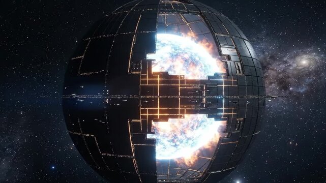 A complex metallic megastructure cage resembling a fully enclosed Dyson sphere floating in outer space. This high-tech 3D rendered scifi asset features intricate geometric grid patterns with a distant