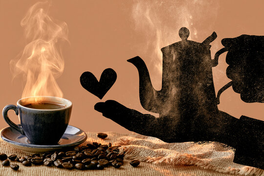 Creative tea pouring with heart shape in composite sketch artwork
