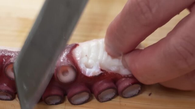 A professional chef skillfully uses a sharp Japanese knife to thinly slice a tender, boiled octopus (tako) tentacle on a clean wooden cutting board. This high-angle close-up showcases the detailed tex