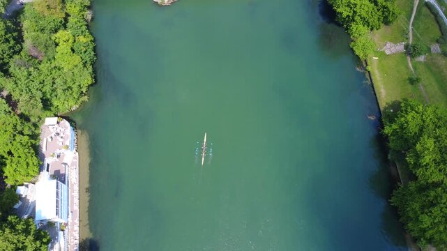 River Po Canoe Birds Eye View Turin 4K