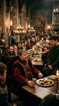 King sitting at long wooden banquet table in crowded medieval castle dining hall.