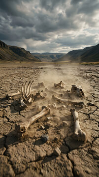 Desert landscape with scattered animal bones under cloudy sky.