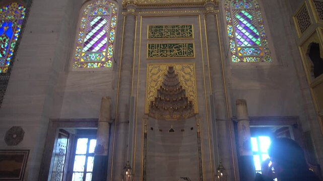 Interior of Sultan Ahmed Mosque Blue Mosque in Istanbul with Historic Ottoman Islamic Architecture and Illuminated Prayer Hall