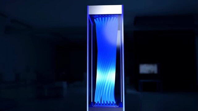 Abstract animation of a twisting blue glowing structure representing data or energy flow