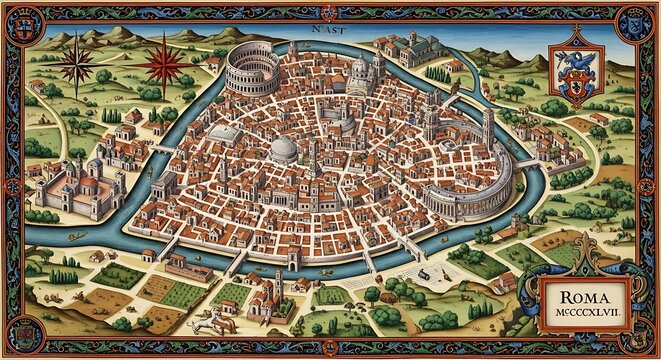 Ornate Vintage Map Showing Ancient Rome City Layout with River and Decorative Border