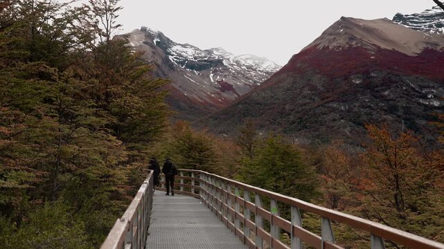 Two Women Walking on Boardwalk in Perito Moreno National Park Forest