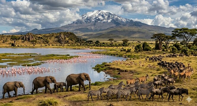 African wildlife scene with elephants zebras and flamingos near mount kilimanjaro