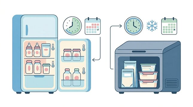 Illustration shows milk storage guidelines for postpartum recovery. It displays storage options in a fridge and freezer, with time indicators.